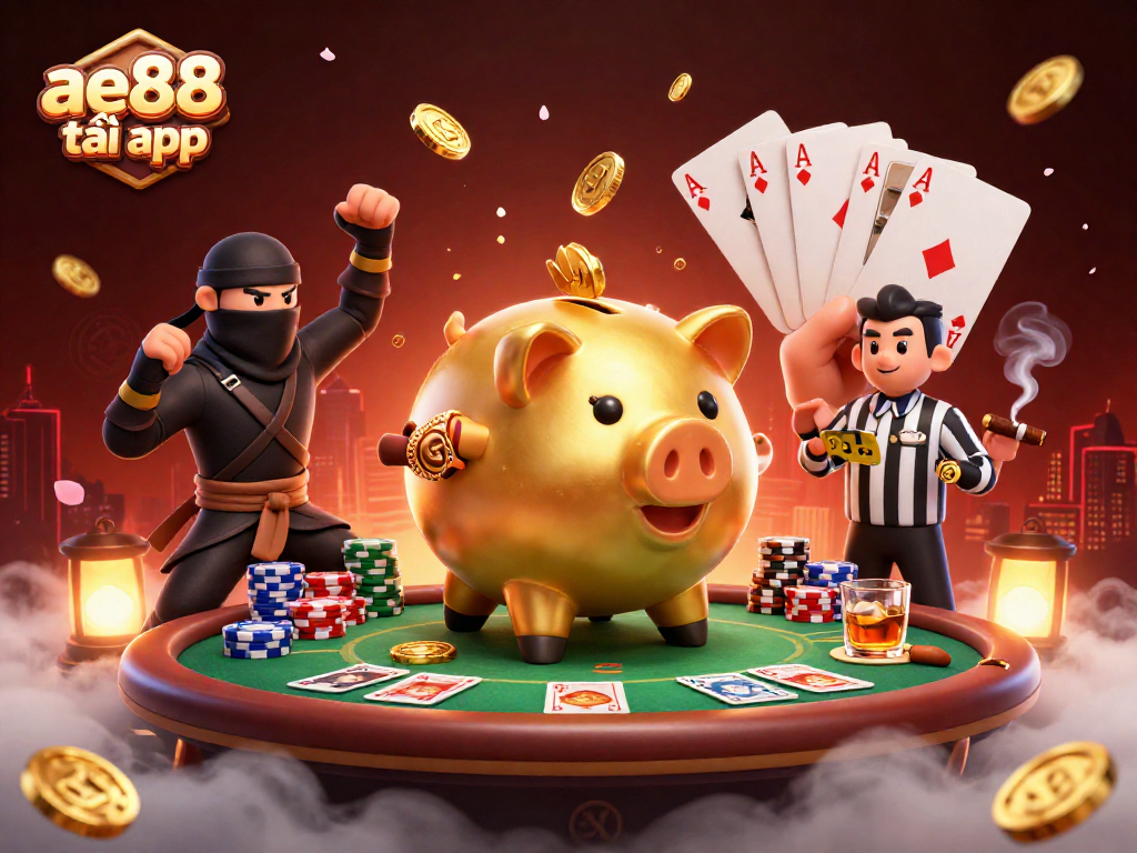 Play exciting games with the ae88 tải app, showcasing a vibrant casino scene featuring dynamic characters and gaming elements.