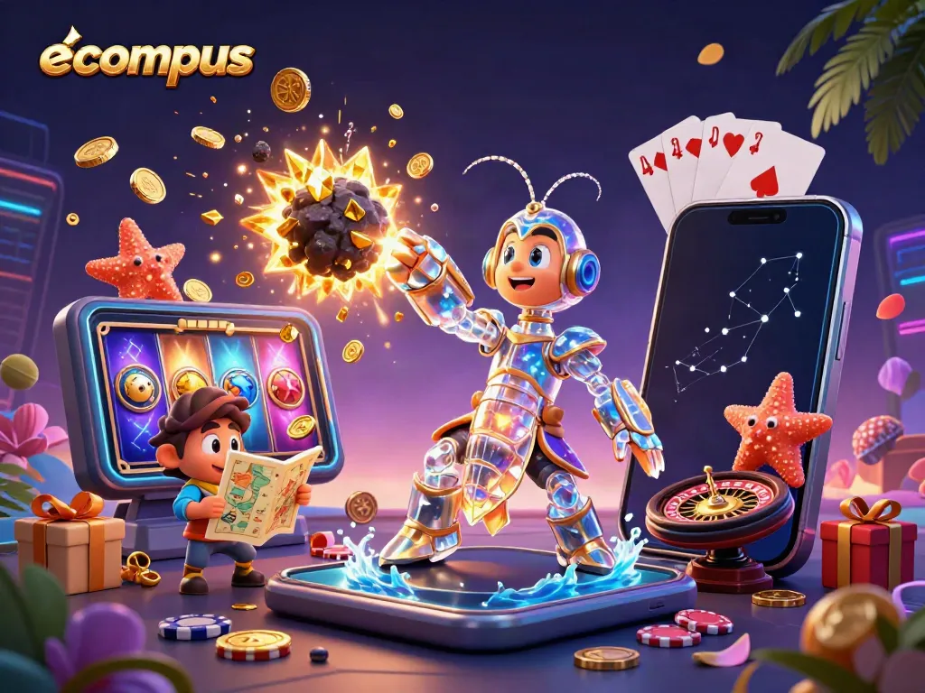 Engage with ecompus while winning big in an exciting casino scene featuring vibrant 3D characters.
