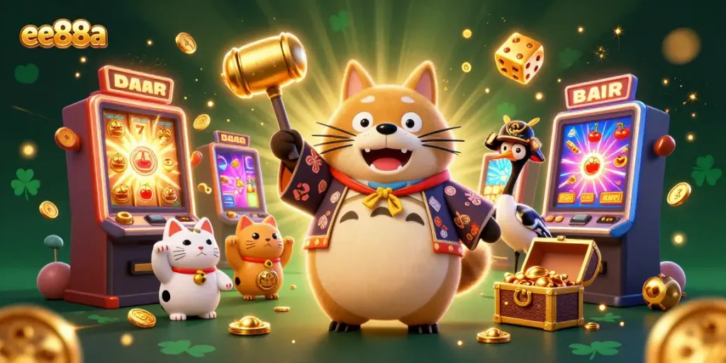 Spin to win with ee88a's vibrant raccoon mascot and casino-themed excitement.