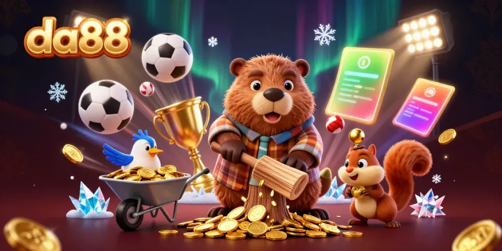 Experience exciting gameplay with da88 in a lively 3D casino scene featuring a beaver, bird, and squirrel