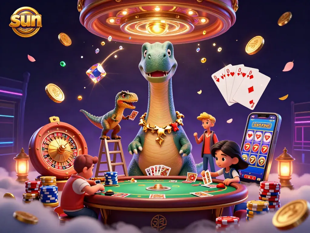 Experience the excitement of sun-inspired casino fun where playful dinosaurs deal winning hands.
