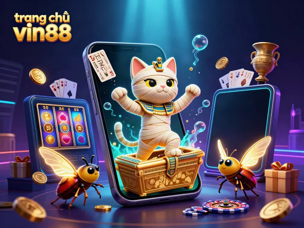 Experience the vibrant action on trang chủ vin88 with a captivating mummy cat and scarab beetle in a pyramid casino.