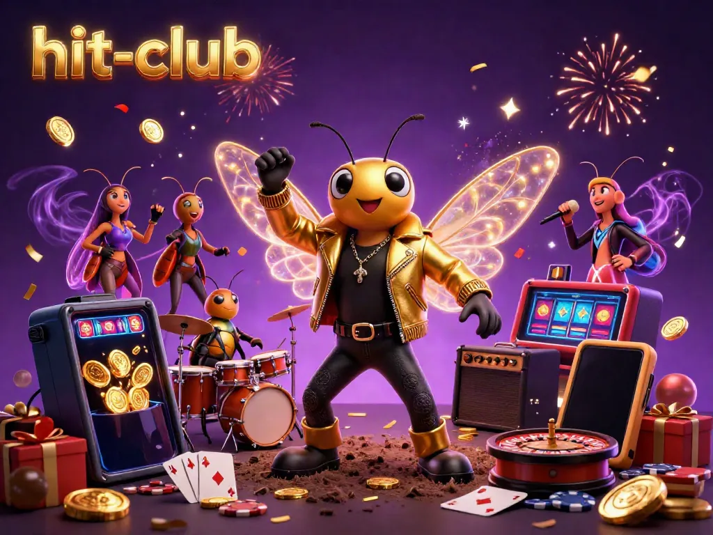 Hit-club rock star celebrating victory with casino elements, showcasing winning moments.