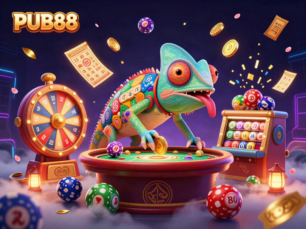 Experience the excitement at PUB88 with a vibrant 3D illustration of a casino scene.