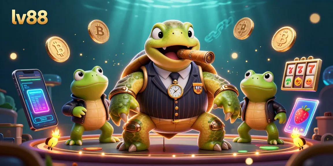 Engage with lv88's thrilling casino experience featuring a whimsical snapping turtle and bullfrog characters amid vibrant gaming elements.