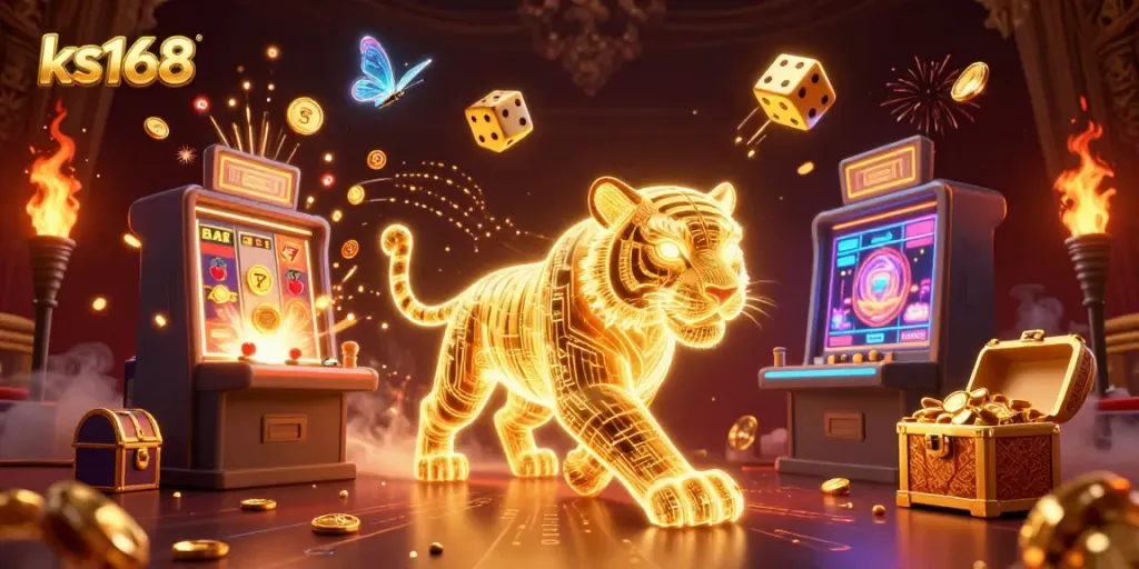 Experience thrilling wins at ks168 with an electrifying illustration of a golden tiger in a dynamic casino landscape.
