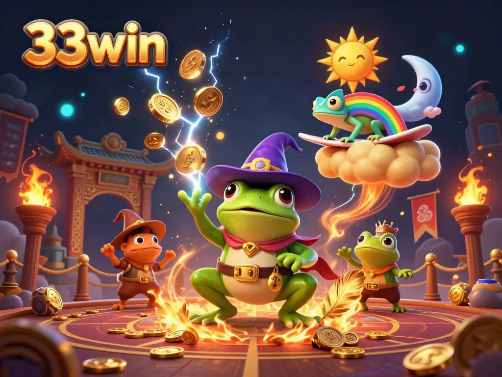 Experience the thrill of 33win's vibrant casino magic with golden coins and dynamic characters.