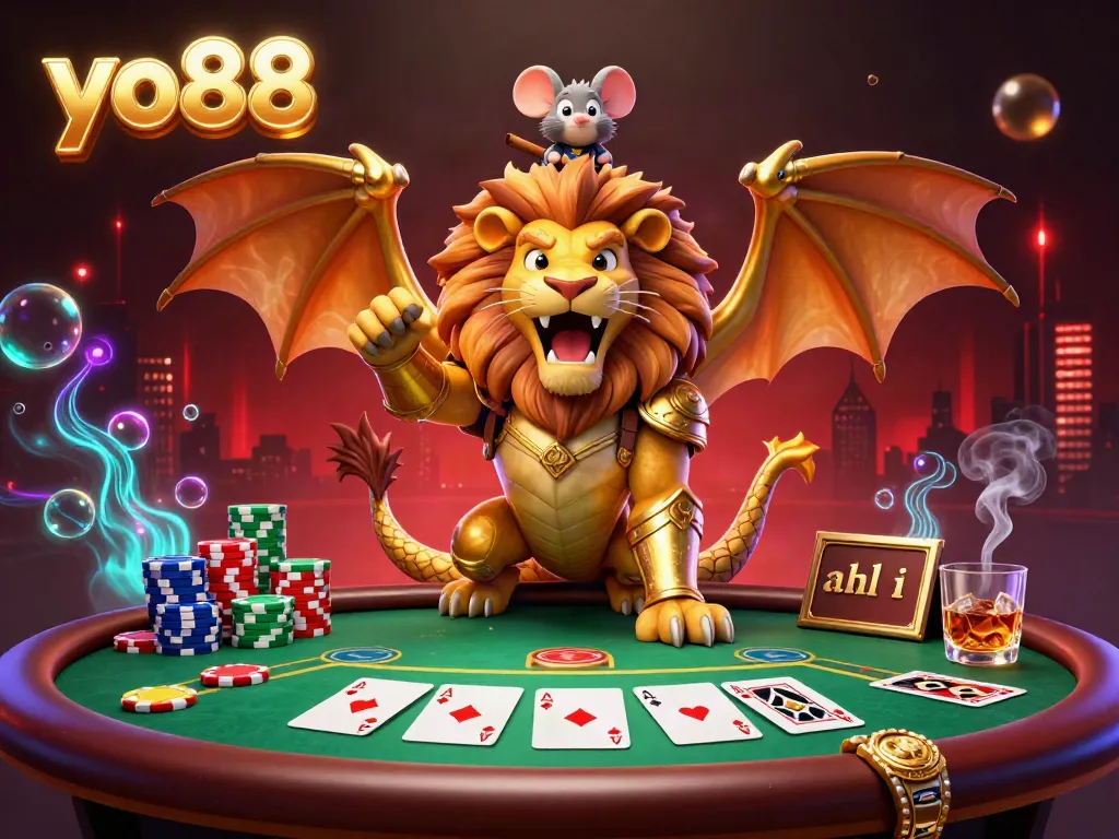 Unleash winning strategies at yo88 with a mythical chimera and poker elements in a vibrant casino scene.