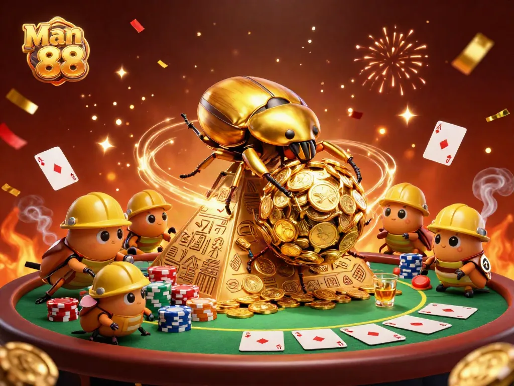 Man 88 showcases an amazing scene with golden beetles and poker elements in vibrant detail.