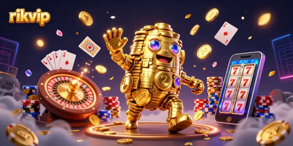 Experience the vibrant world of rikvip with a golden golem and casino elements in an immersive illustration.