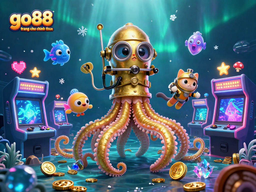 Experience the treasure hunt in go88 trang chu chinh thuc with a kraken, diving cat, and arcade games.