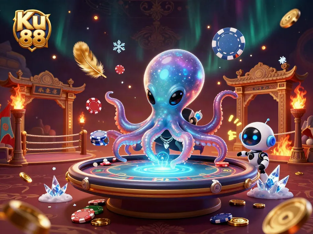 Engage with Ku 88’s vibrant casino universe featuring an alien octopus at a holographic poker table.