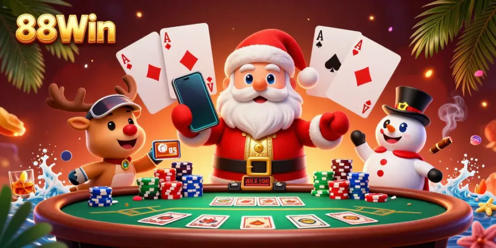 Experience the excitement of 88Win with Santa and friends celebrating big jackpot wins in a vibrant casino setting.