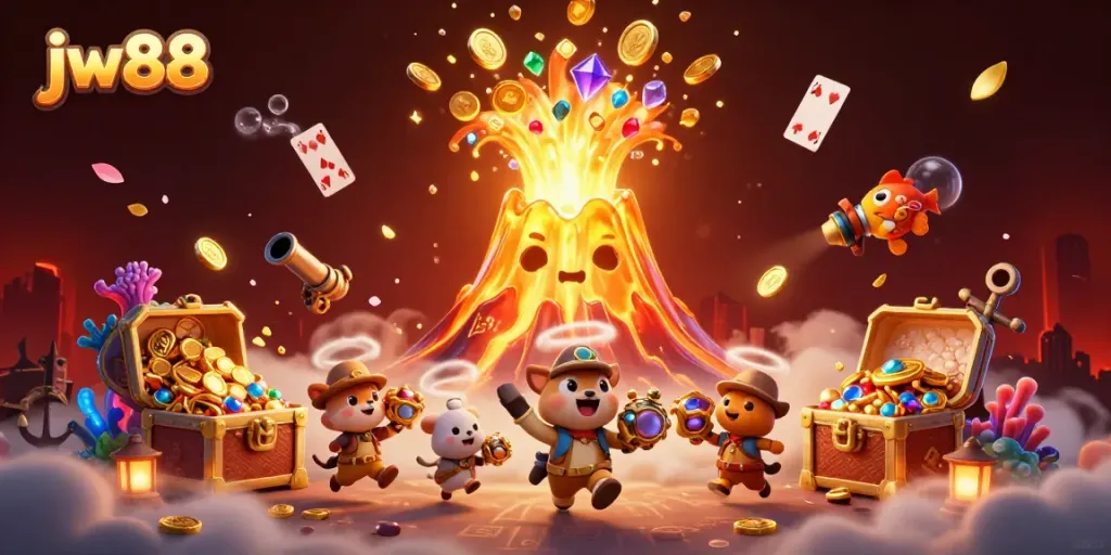 Witness the thrilling eruption of coins in jw88's vibrant casino scene, showcasing adventure and excitement.